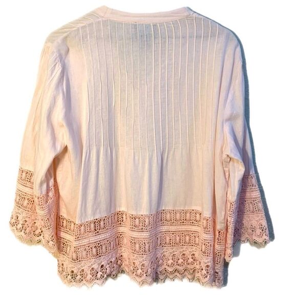 CYNTHIA ROWLEY Crochet Trimmed Sleeve Hem Linen Button Up Women 1X Petal Pink. - Picture 2 of 14